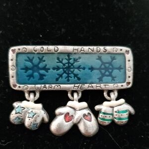 American Jewelery Manufacturing Company Silver and Blue Snowflake Mittens Brooch